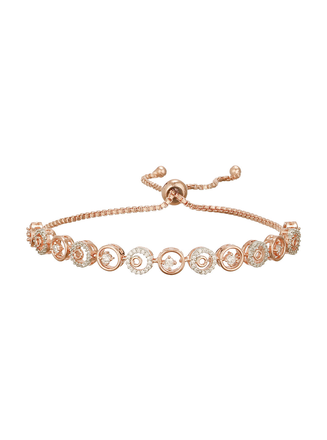 Rose Gold Toned Zircon  Embellished Circular Link  Adjustable Pull Chain Slider Bracelet