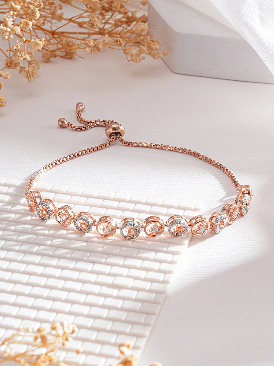 Rose Gold Toned Zircon  Embellished Circular Link  Adjustable Pull Chain Slider Bracelet