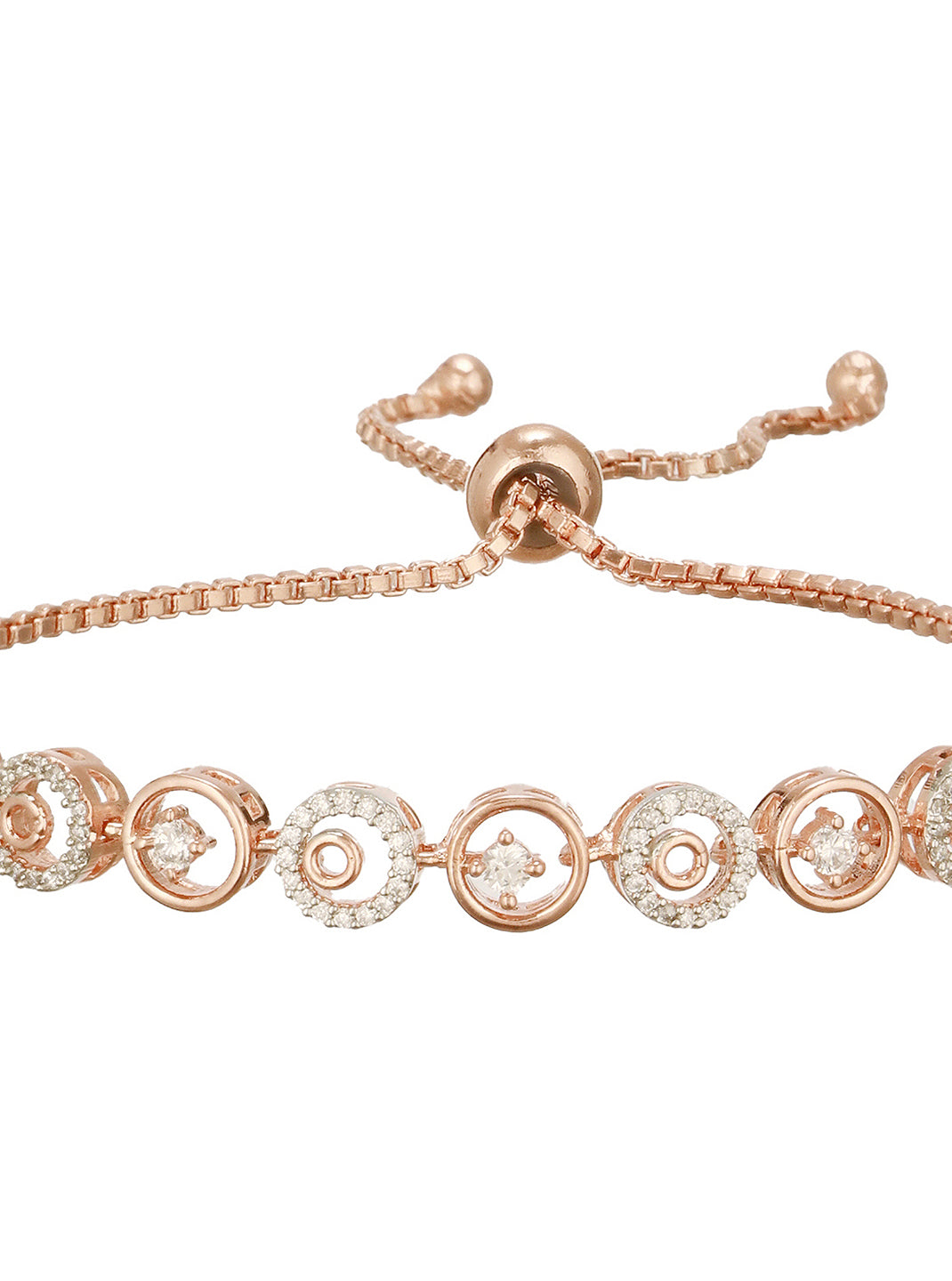 Rose Gold Toned Zircon  Embellished Circular Link  Adjustable Pull Chain Slider Bracelet