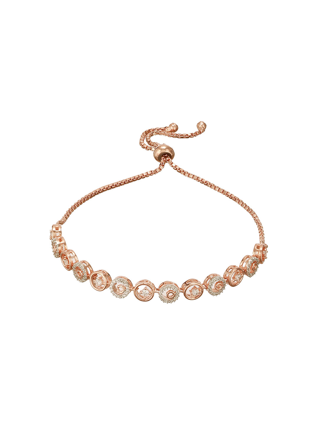 Rose Gold Toned Zircon  Embellished Circular Link  Adjustable Pull Chain Slider Bracelet