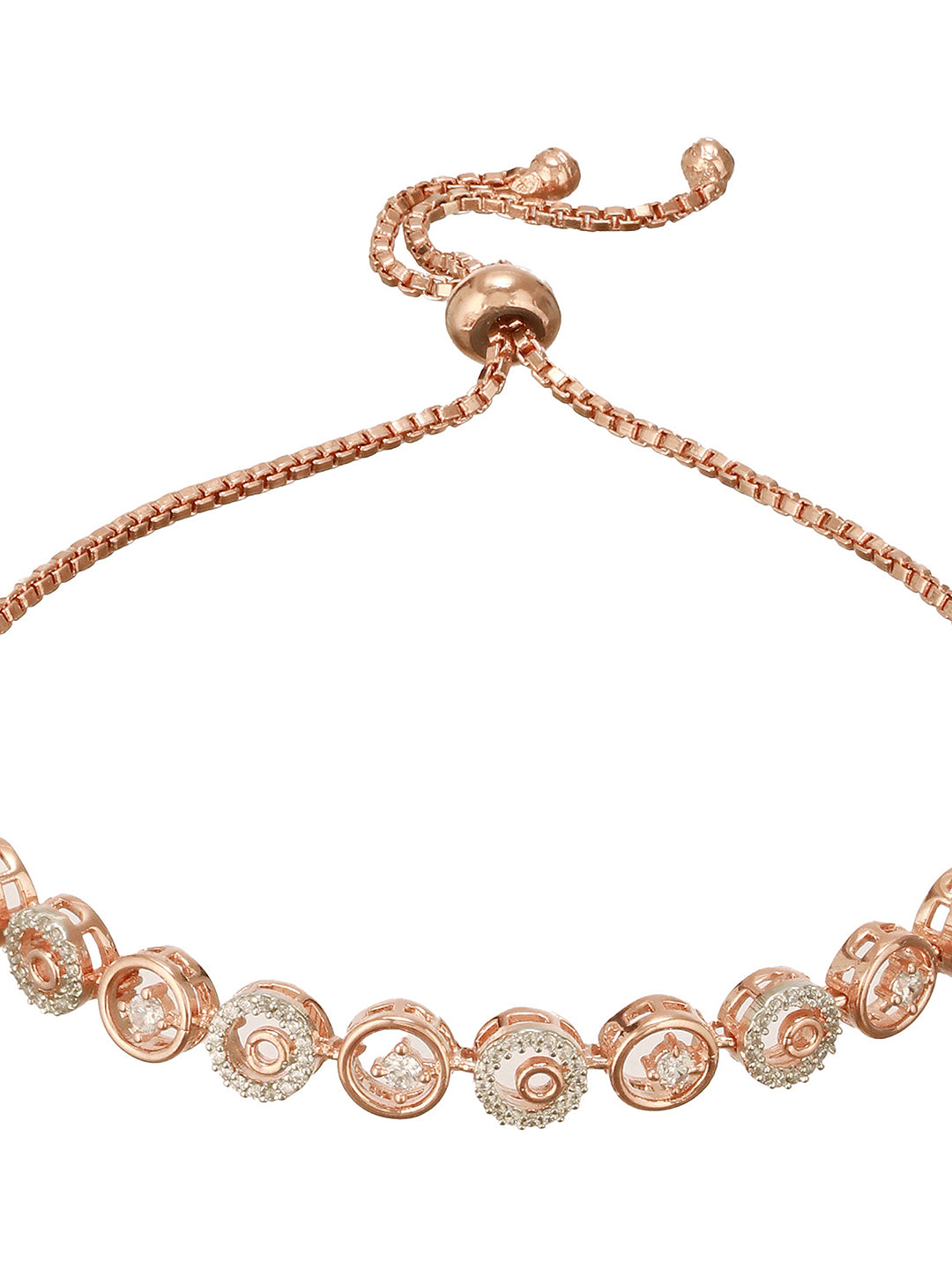 Rose Gold Toned Zircon  Embellished Circular Link  Adjustable Pull Chain Slider Bracelet
