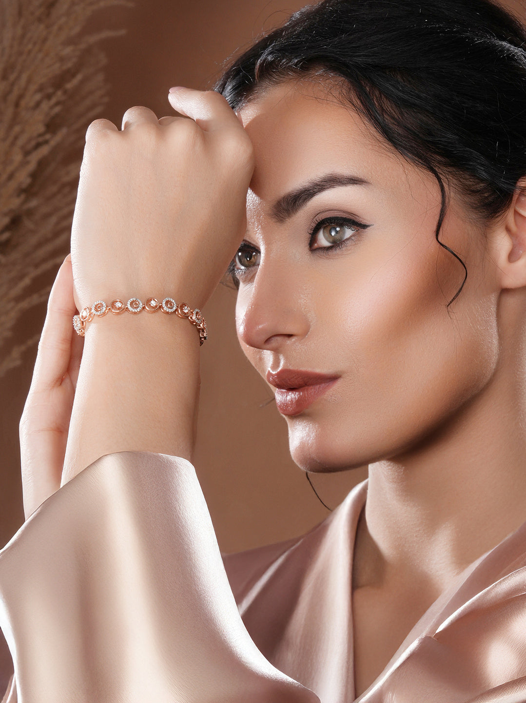 Rose Gold Toned Zircon  Embellished Circular Link  Adjustable Pull Chain Slider Bracelet