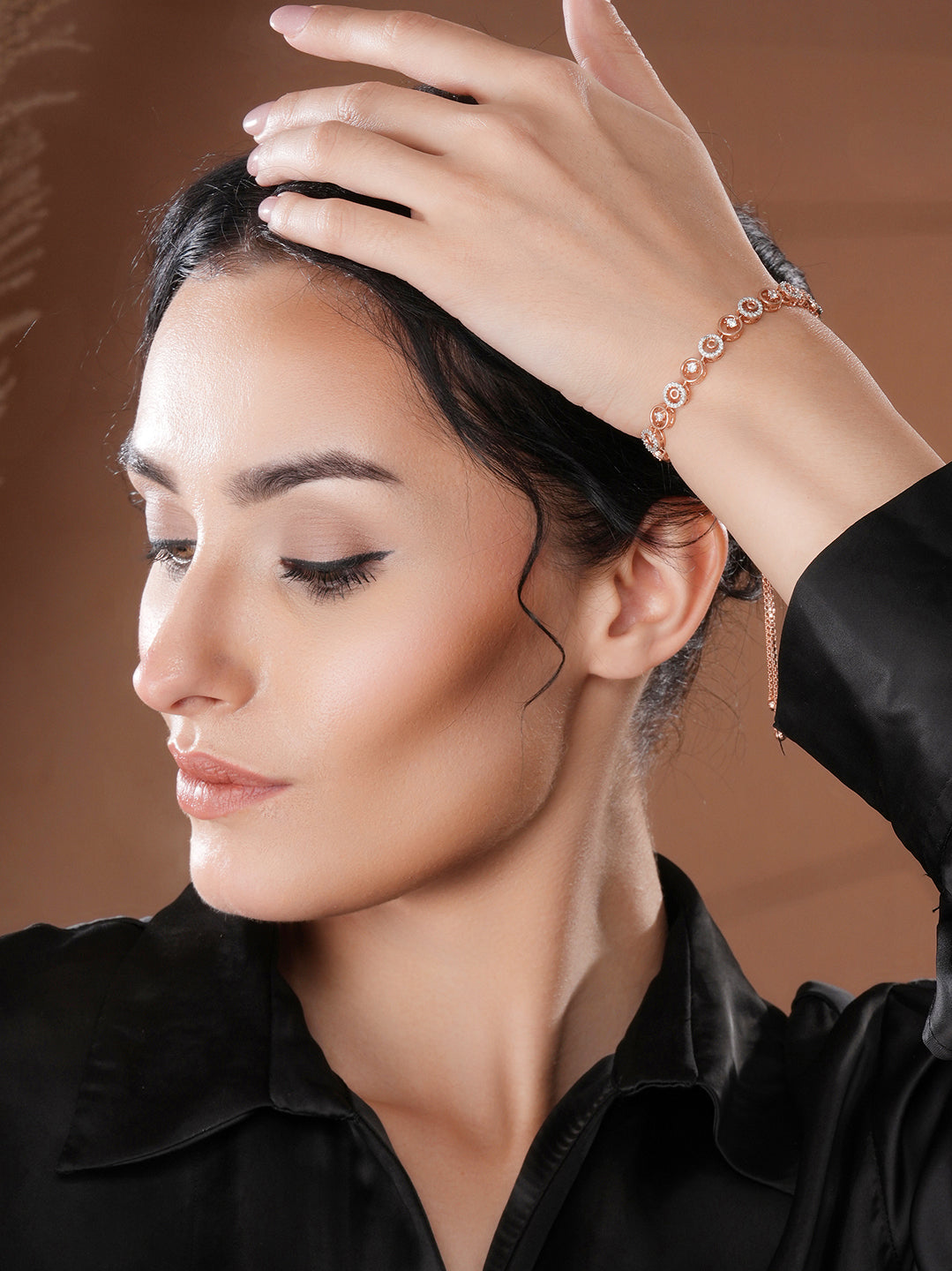 Rose Gold Toned Zircon  Embellished Circular Link  Adjustable Pull Chain Slider Bracelet