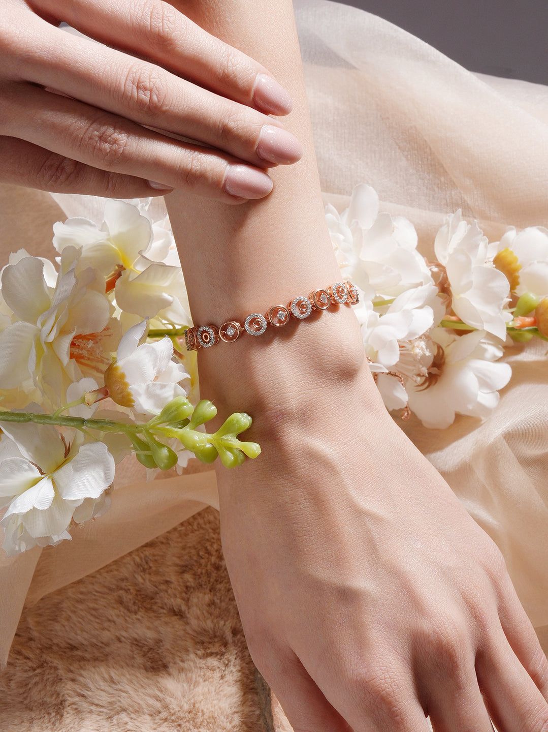 Rose Gold Toned Zircon  Embellished Circular Link  Adjustable Pull Chain Slider Bracelet