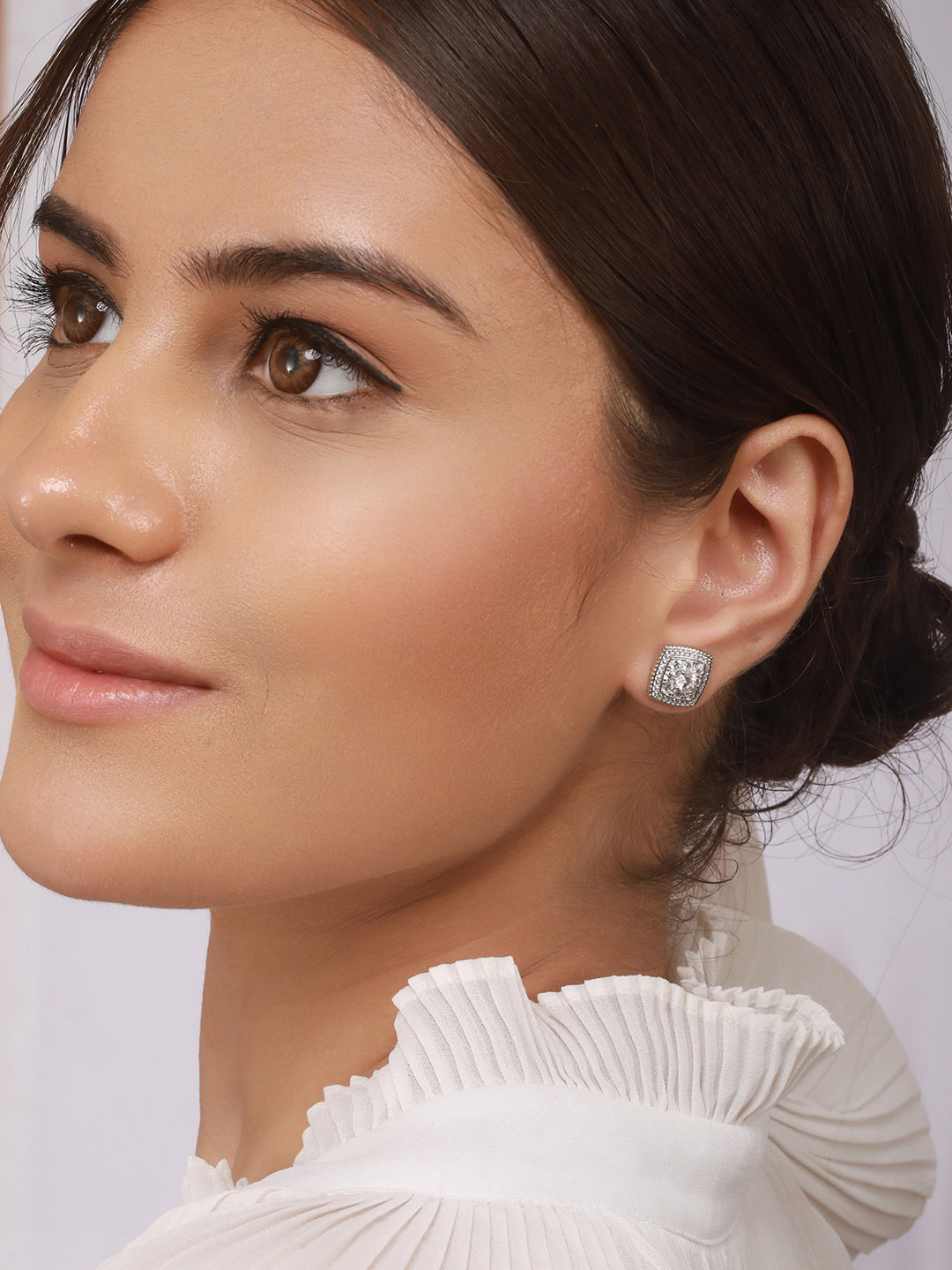 925 Sterling Silver Rhodium Plated Geometric Square Cluster CZ Studds Earrings