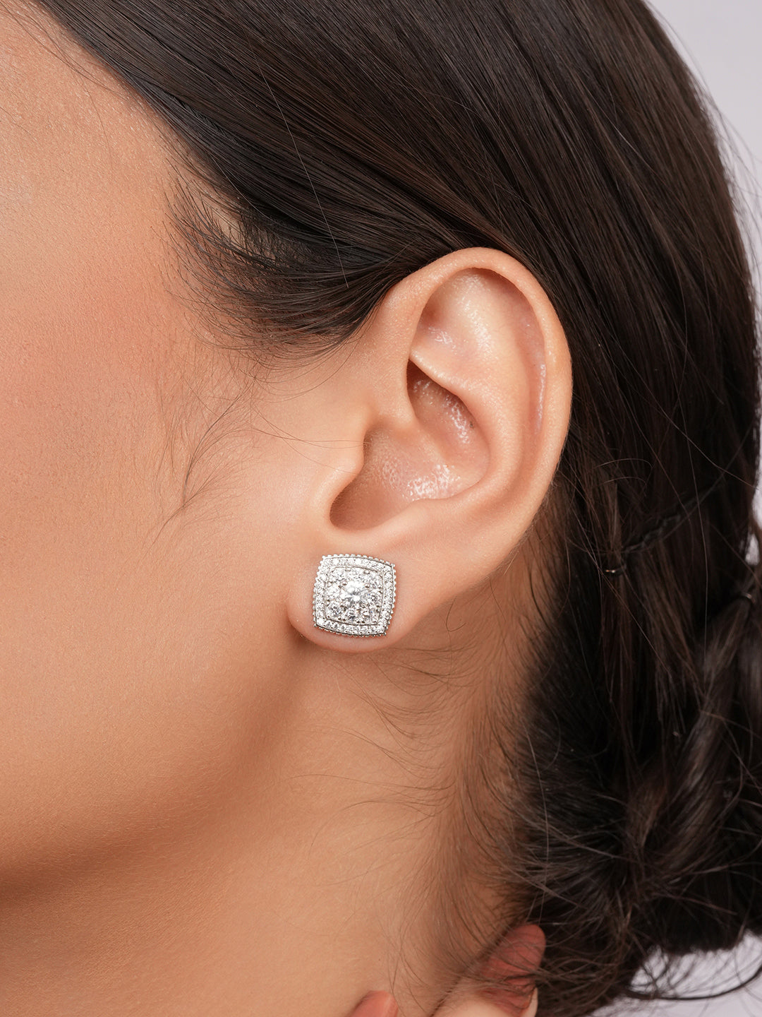 925 Sterling Silver Rhodium Plated Geometric Square Cluster CZ Studds Earrings