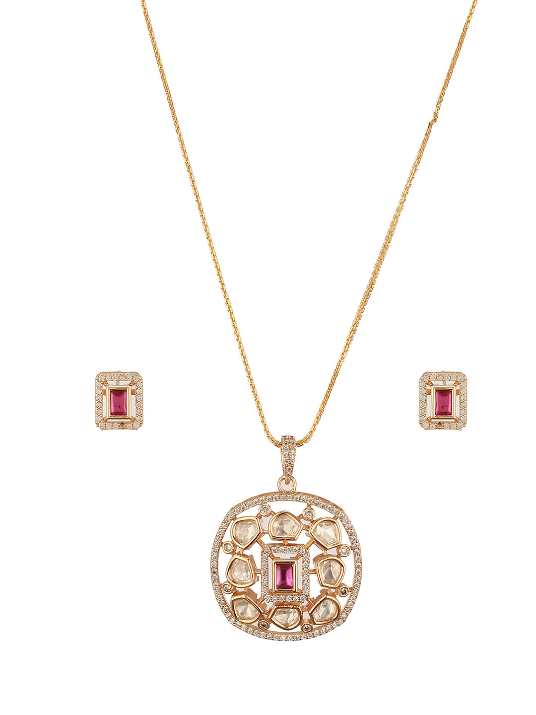 Gold Plated Ruby Red Kundan Studded Designer Locket Pendant Jewellery Set