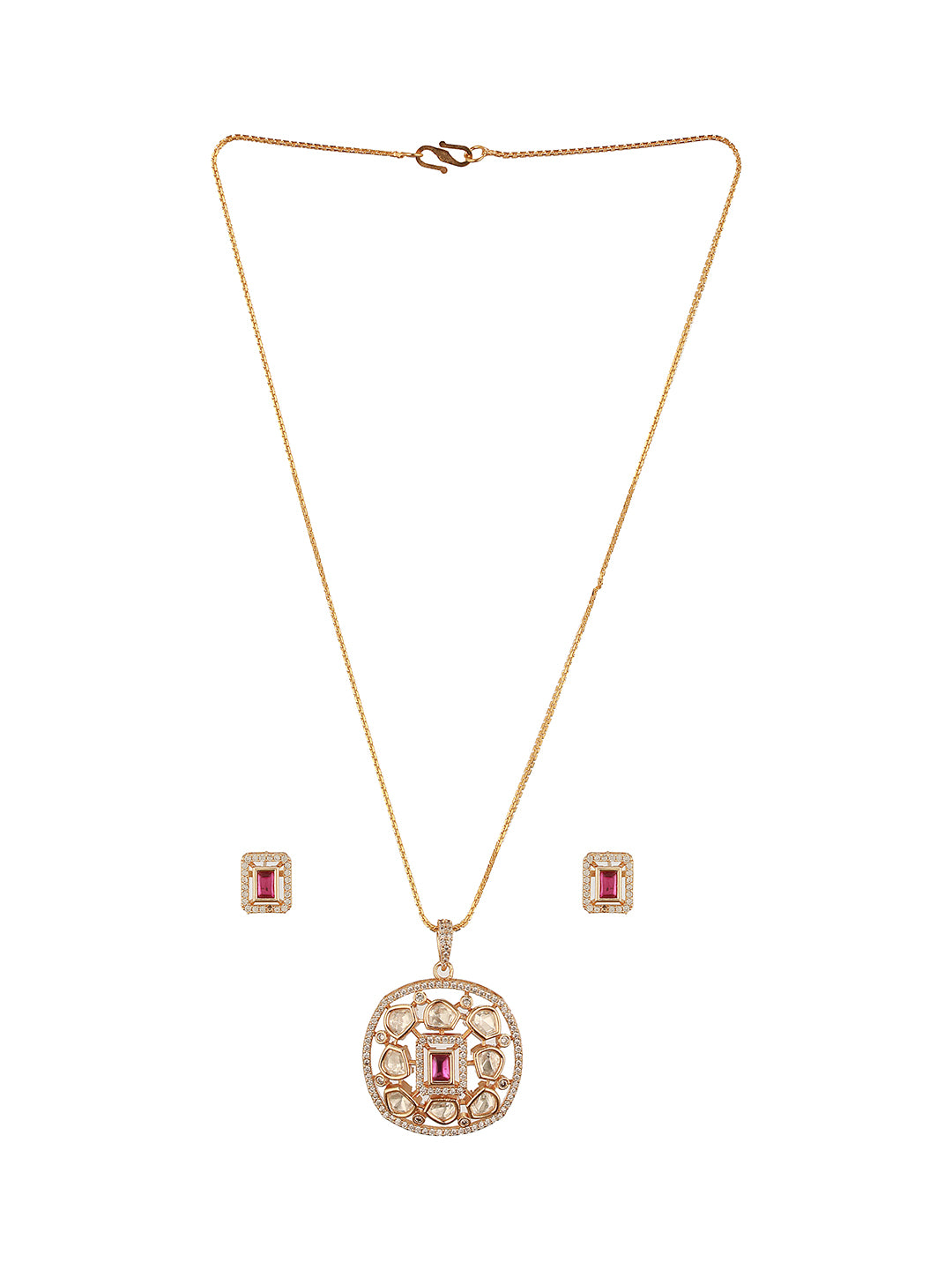 Gold Plated Ruby Red Kundan Studded Designer Locket Pendant Jewellery Set