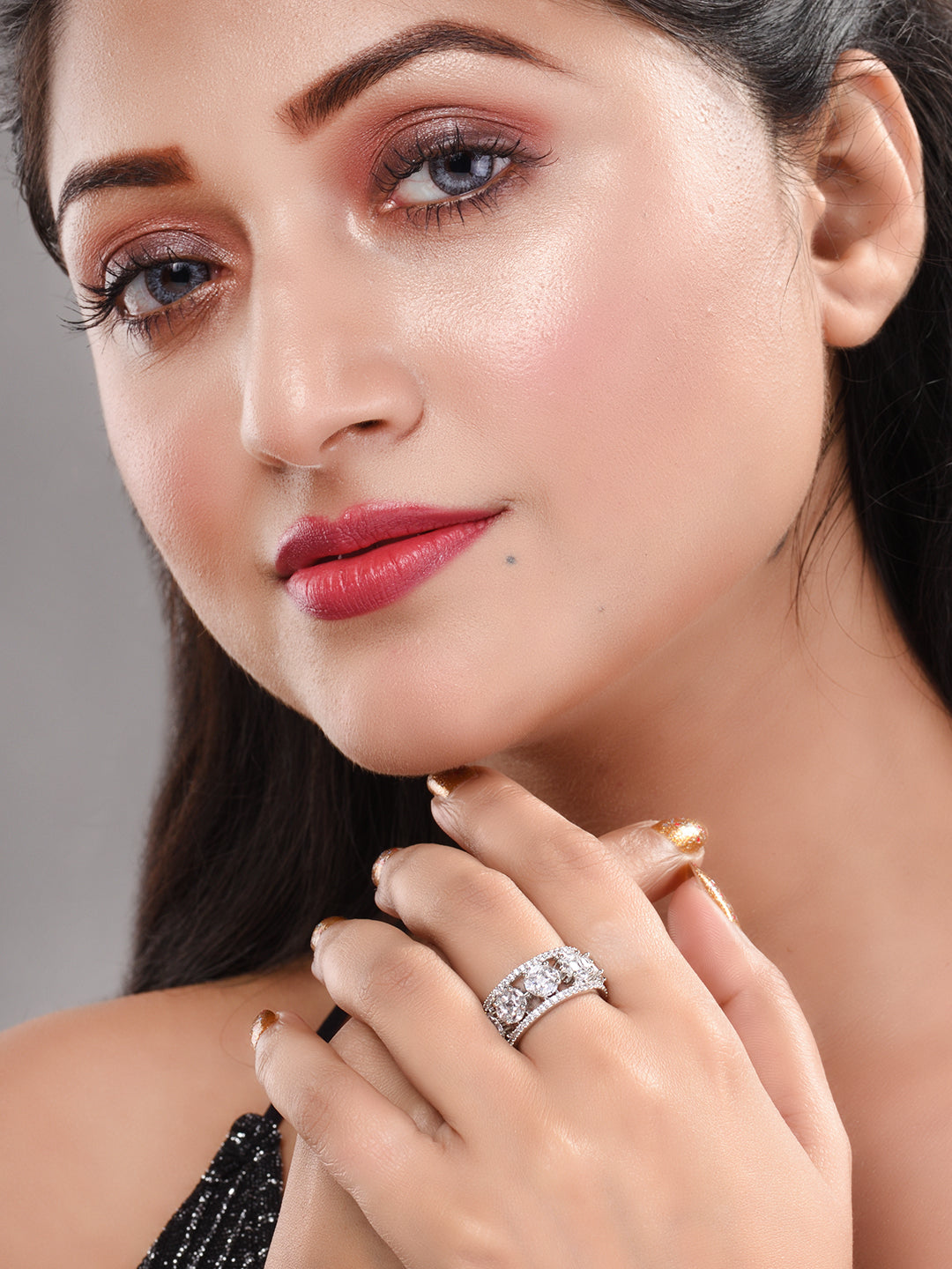 Silver Rhodium Plated White AD Studded Band Challa Finger Ring