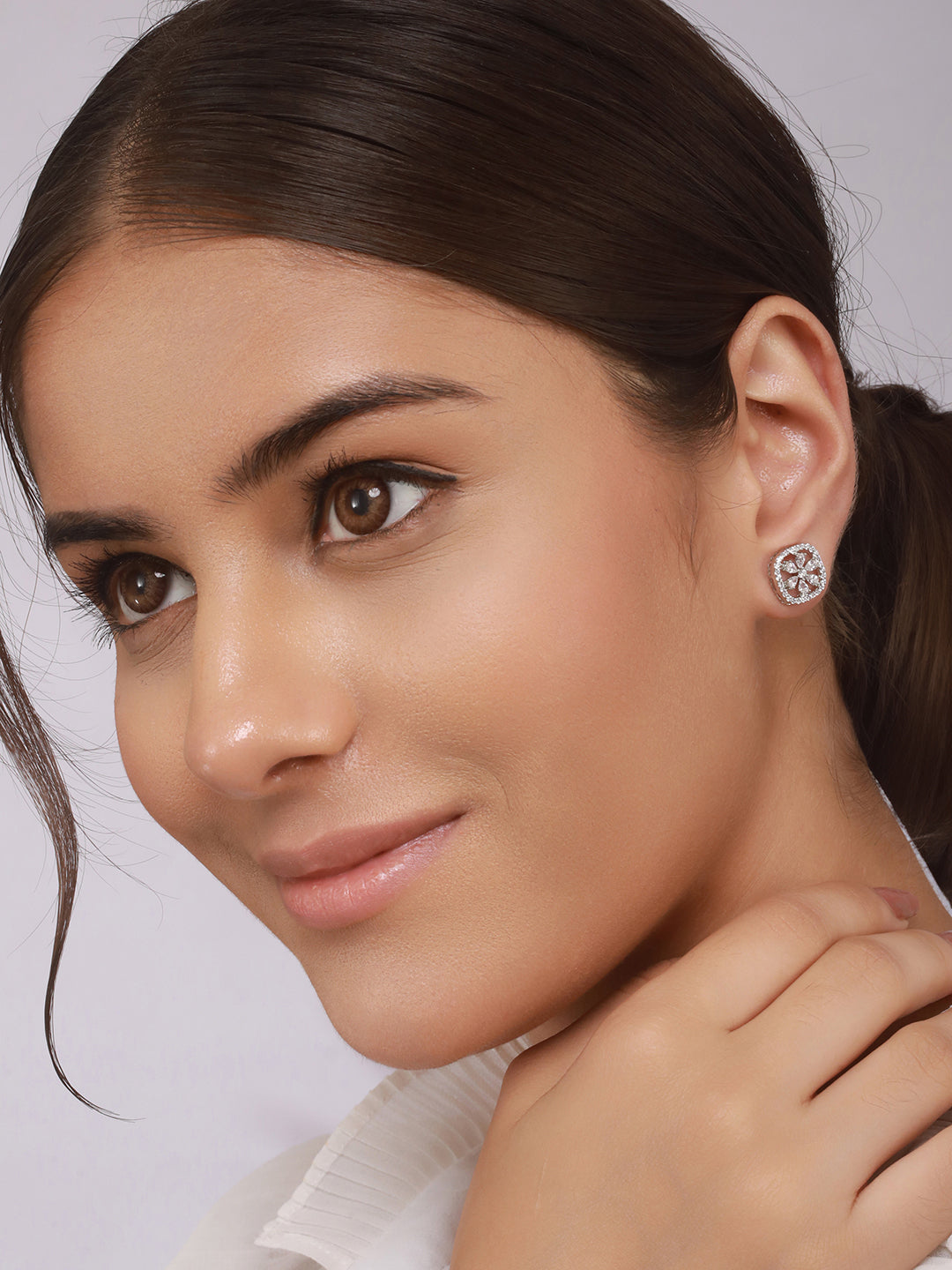 925 Sterling Silver Zircon Studded Halo Flower Dailywear Studds Earrings