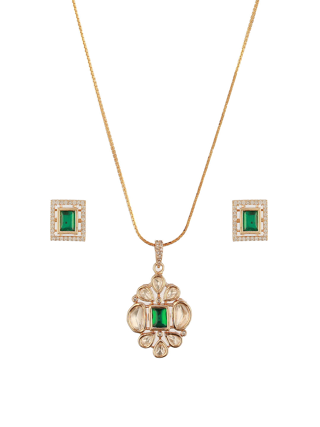 Gold Toned Green Emerald Kundan Studded Floral Locket Pendant Jewellery Set