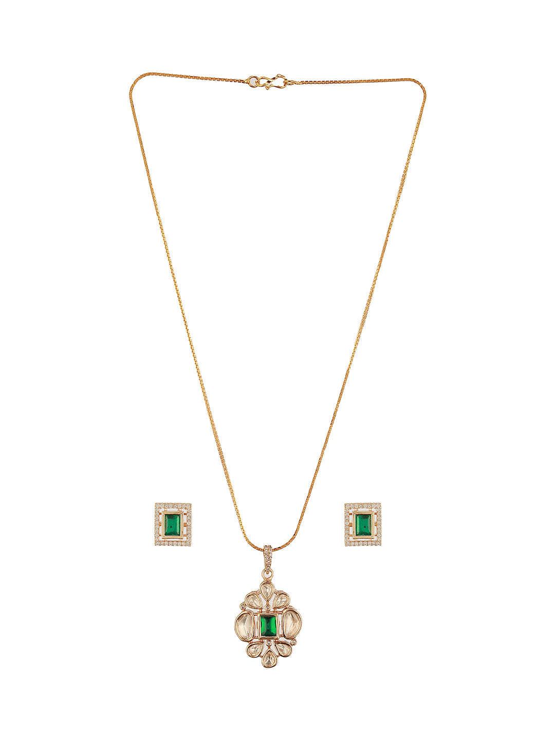 Gold Toned Green Emerald Kundan Studded Floral Locket Pendant Jewellery Set
