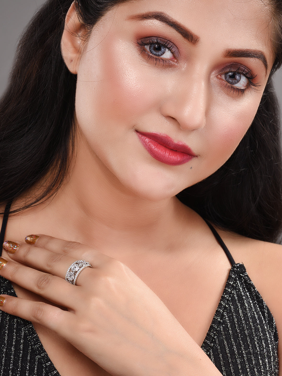 Silver Rhodium Plated White AD Studded Band Challa Finger Ring