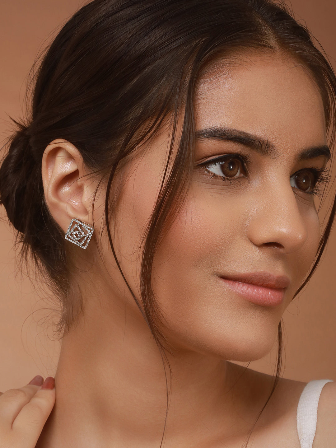 925 Sterling Silver Rhodium Plated CZ Studded Geometric Studds Earrings