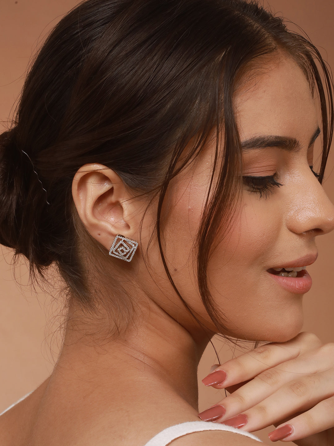 925 Sterling Silver Rhodium Plated CZ Studded Geometric Studds Earrings