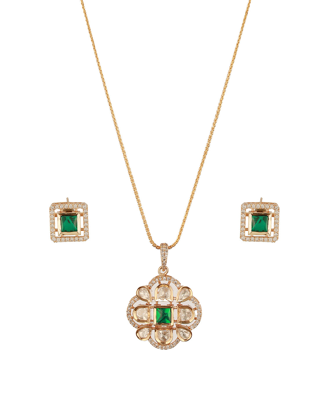 Gold Toned Green Emerald Kundan Studded Designer  Locket Pendant Jewellery Set