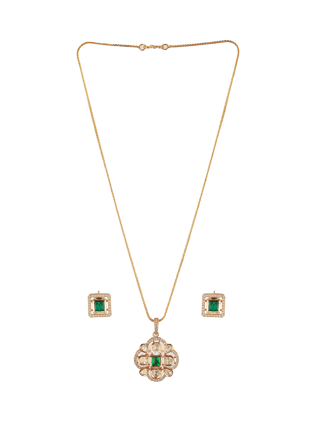 Gold Toned Green Emerald Kundan Studded Designer  Locket Pendant Jewellery Set