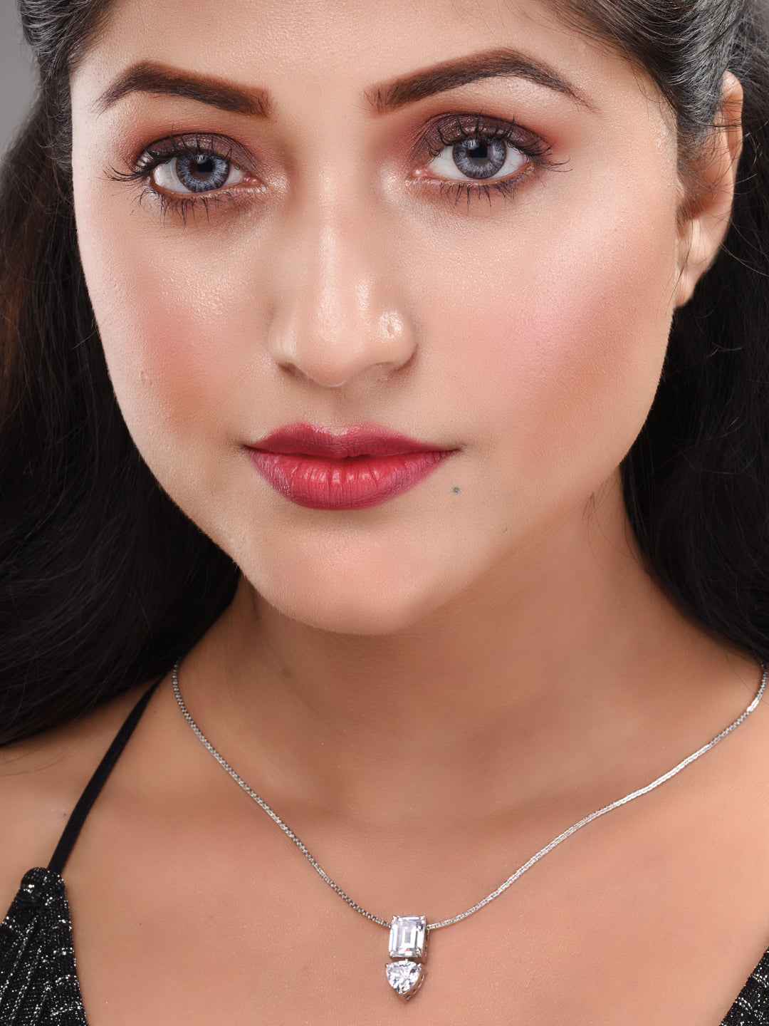 Silver Toned White Princess Cut AD Studded Solitaire Pendant Locket