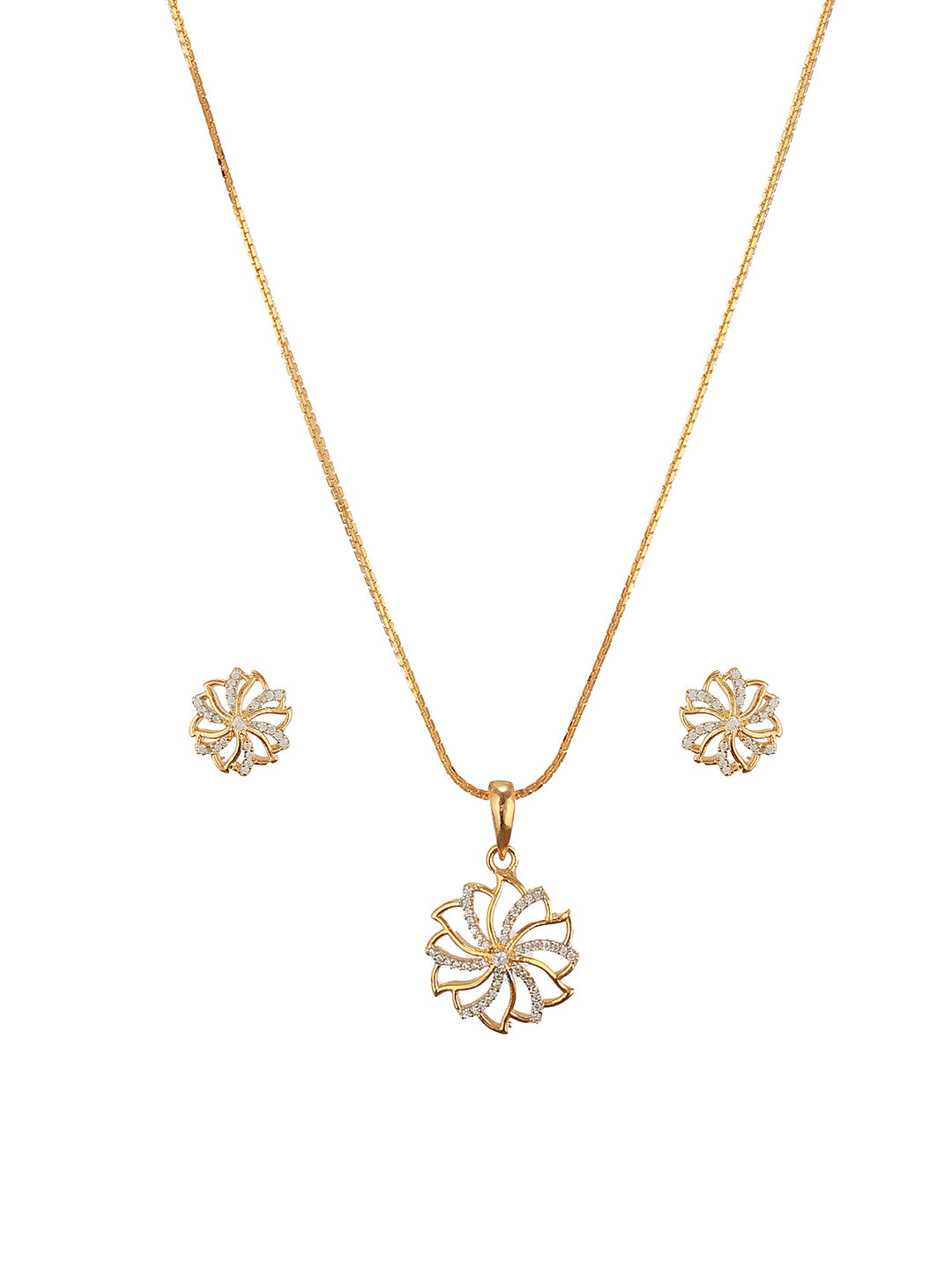 Gold Toned  Cubic Zircon Studded Solar Design Minimal Locket Pendant Jewellery Set