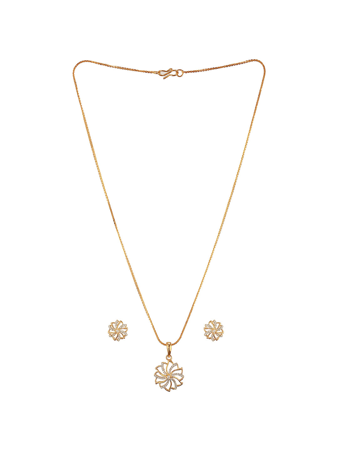 Gold Toned  Cubic Zircon Studded Solar Design Minimal Locket Pendant Jewellery Set