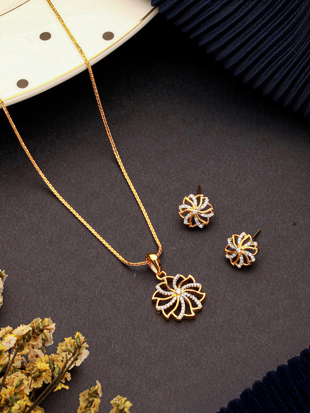 Gold Toned  Cubic Zircon Studded Solar Design Minimal Locket Pendant Jewellery Set