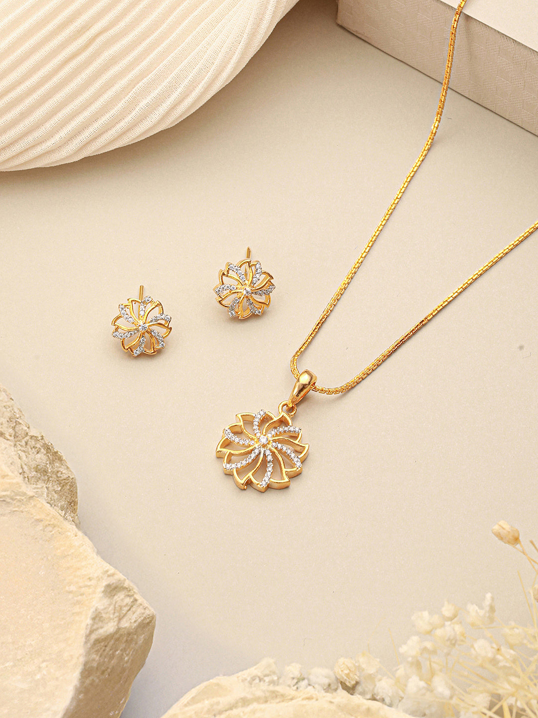 Gold Toned  Cubic Zircon Studded Solar Design Minimal Locket Pendant Jewellery Set