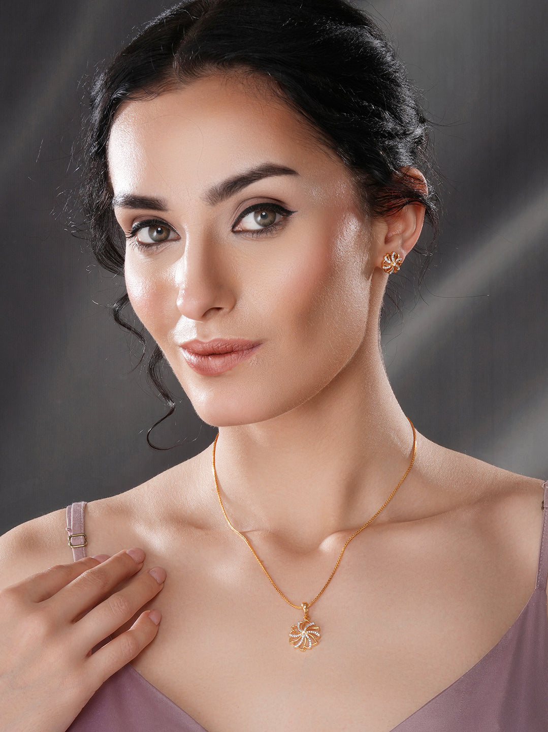 Gold Toned  Cubic Zircon Studded Solar Design Minimal Locket Pendant Jewellery Set