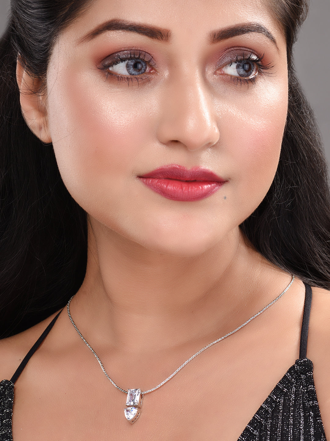 Silver Toned White Princess Cut AD Studded Solitaire Pendant Locket