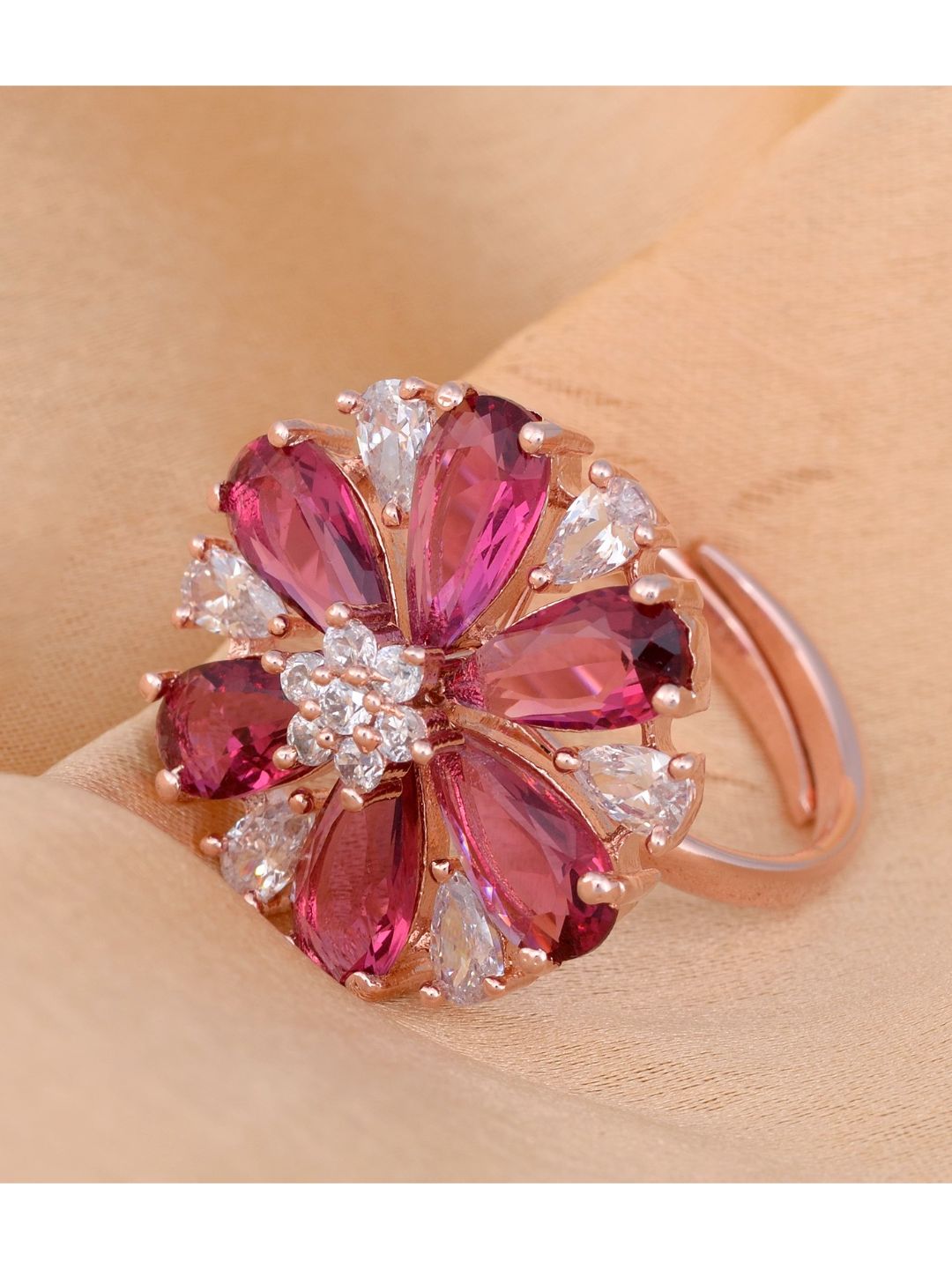 Rose Gold plated Ruby AD studded handcrafted adjustable Finger Ring
