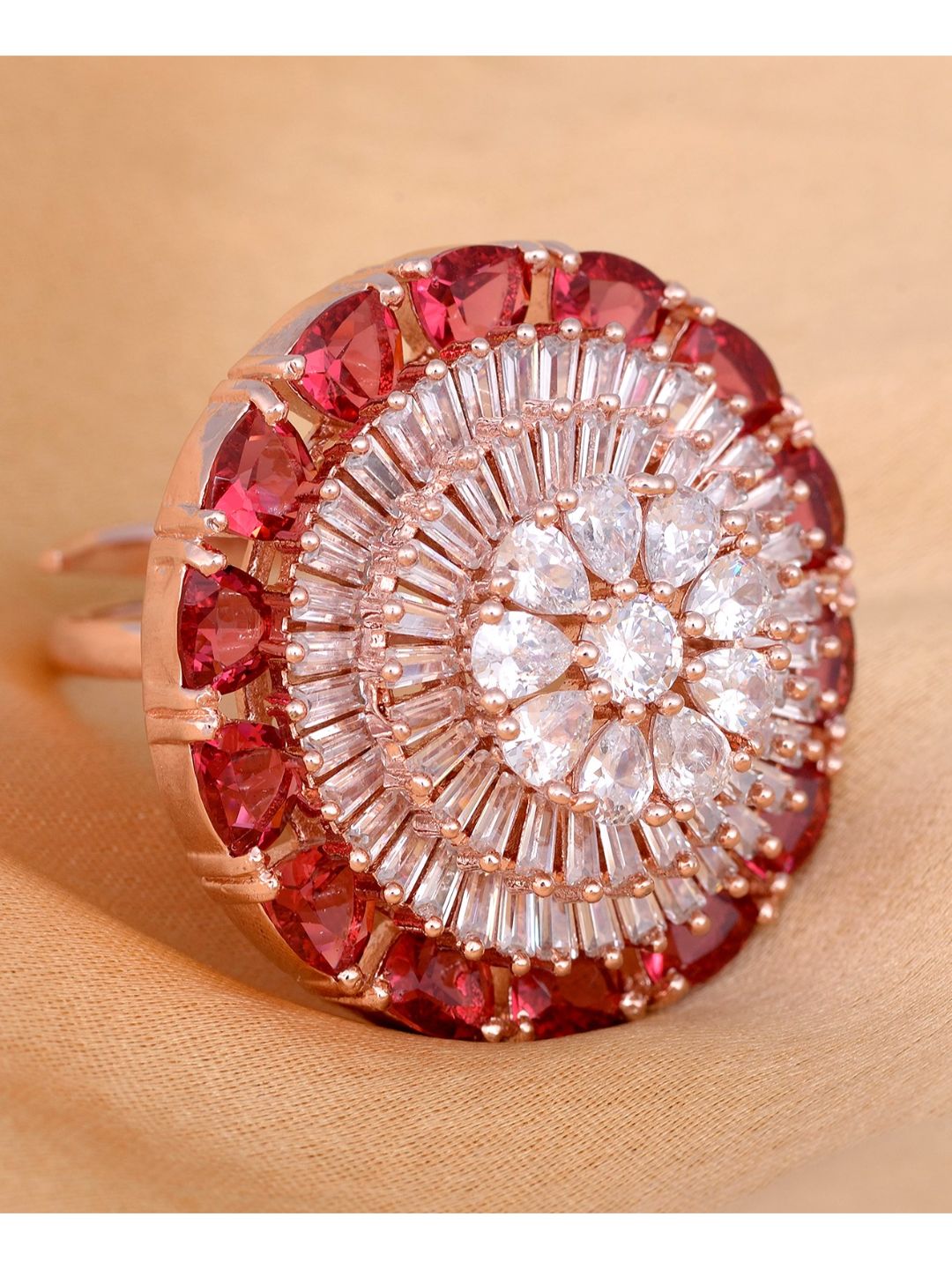 Rose Gold plated Ruby AD studded handcrafted adjustable Finger Ring