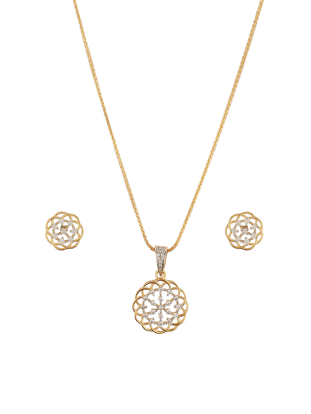 Gold Toned Cubic Zircon Studded Floral  Designer Minimal Locket Pendant Jewellery Set