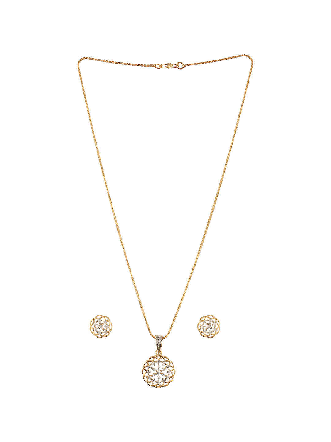 Gold Toned Cubic Zircon Studded Floral  Designer Minimal Locket Pendant Jewellery Set