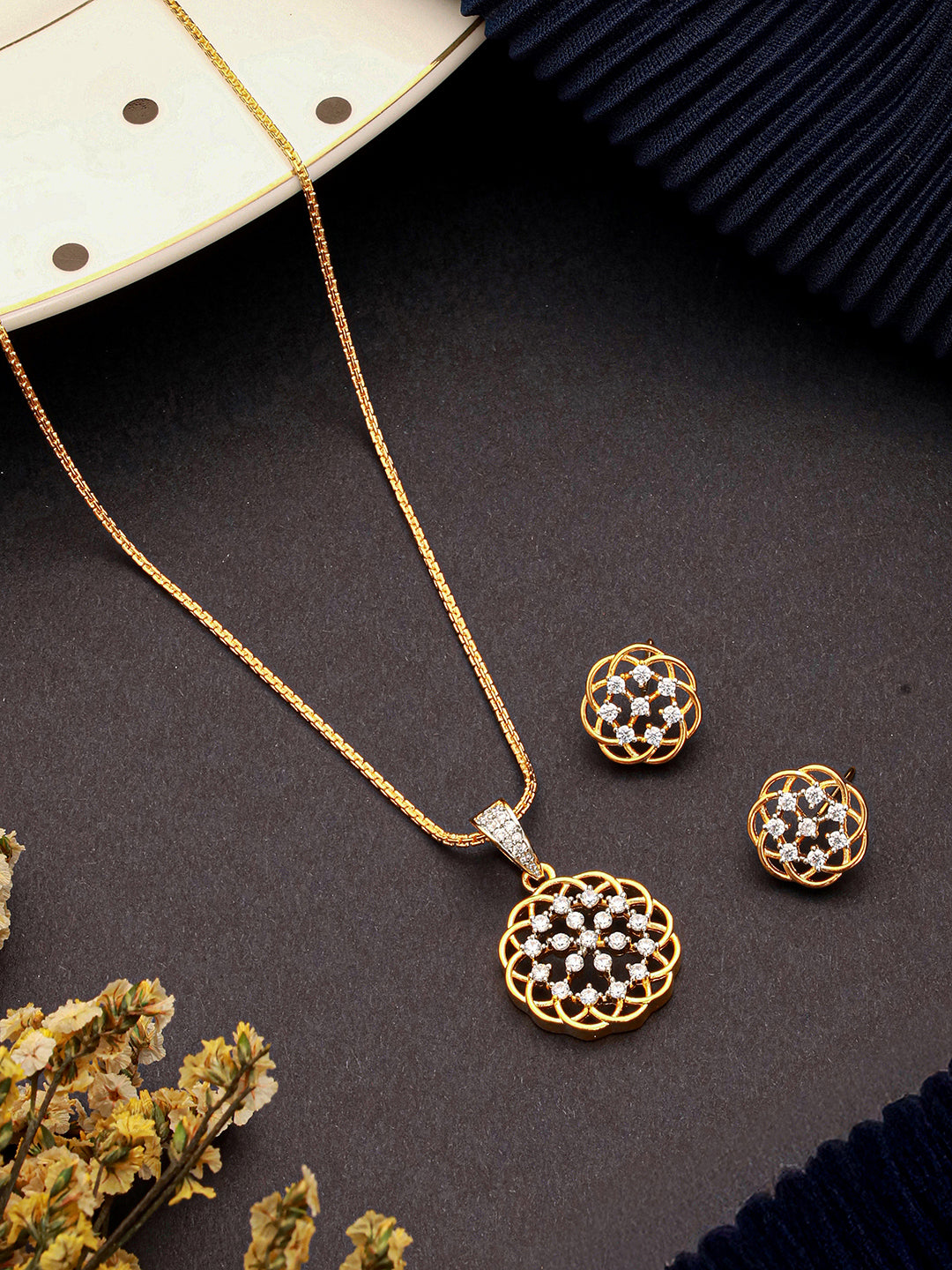 Gold Toned Cubic Zircon Studded Floral  Designer Minimal Locket Pendant Jewellery Set
