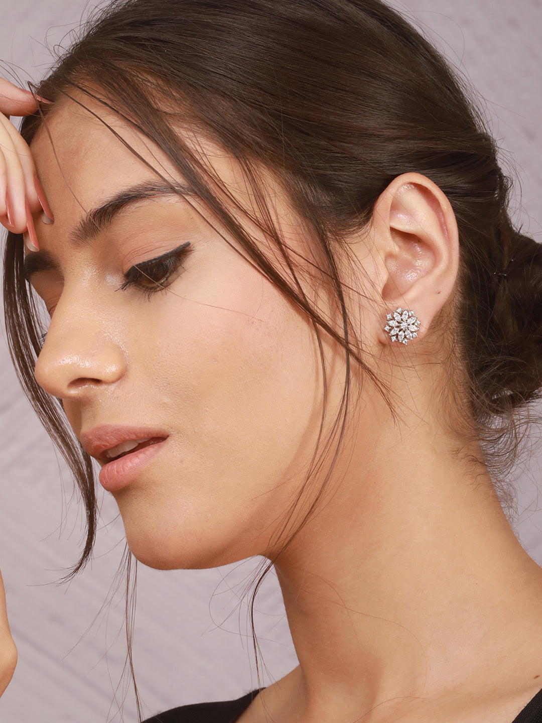 925 Sterling Silver CZ Studded Rhodium Plated Floral Clustered Studds Earrings