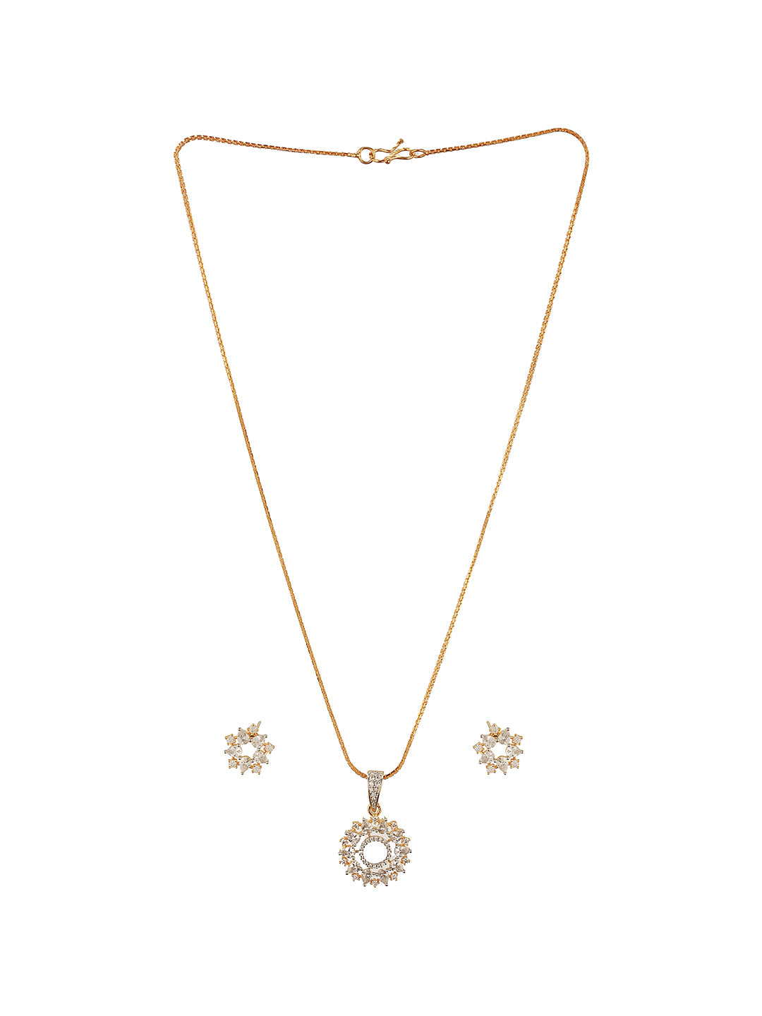 Gold Toned Cubic Zircon Studded Halo Designer Minimal Locket Pendant Jewellery Set