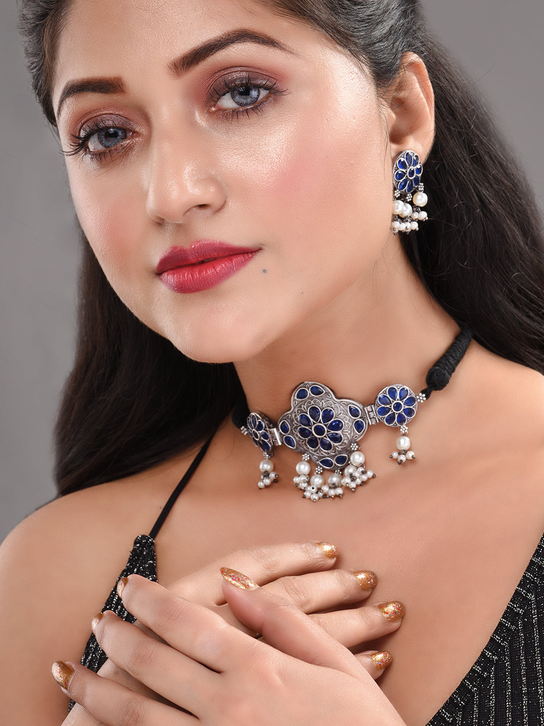 Silver Oxidised Blue Stone Studded Tribal Choker Jewellery set