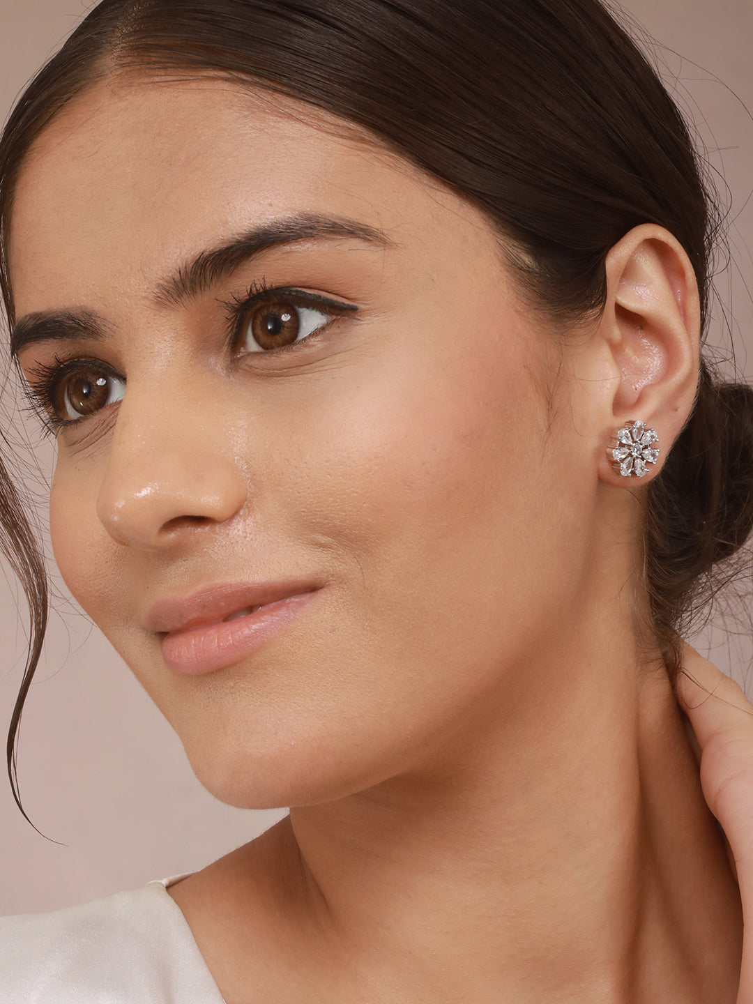 925 Sterling Silver Rhodium Plated CZ Studded Floral Studds Earrings