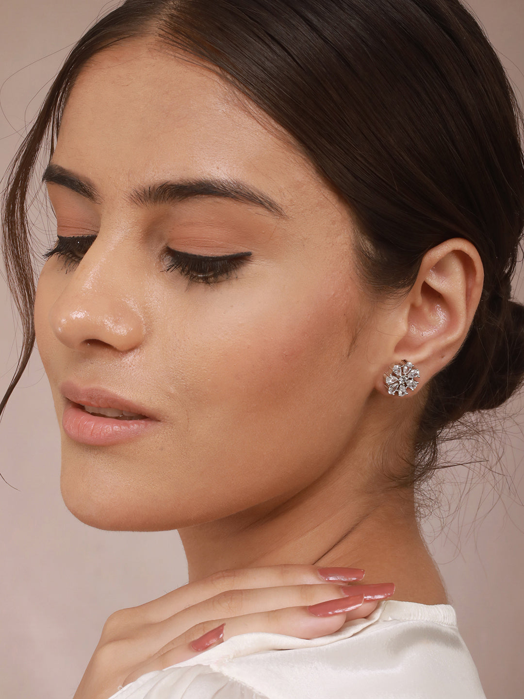 925 Sterling Silver Rhodium Plated CZ Studded Floral Studds Earrings