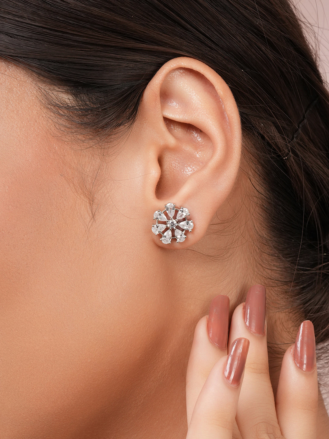 925 Sterling Silver Rhodium Plated CZ Studded Floral Studds Earrings