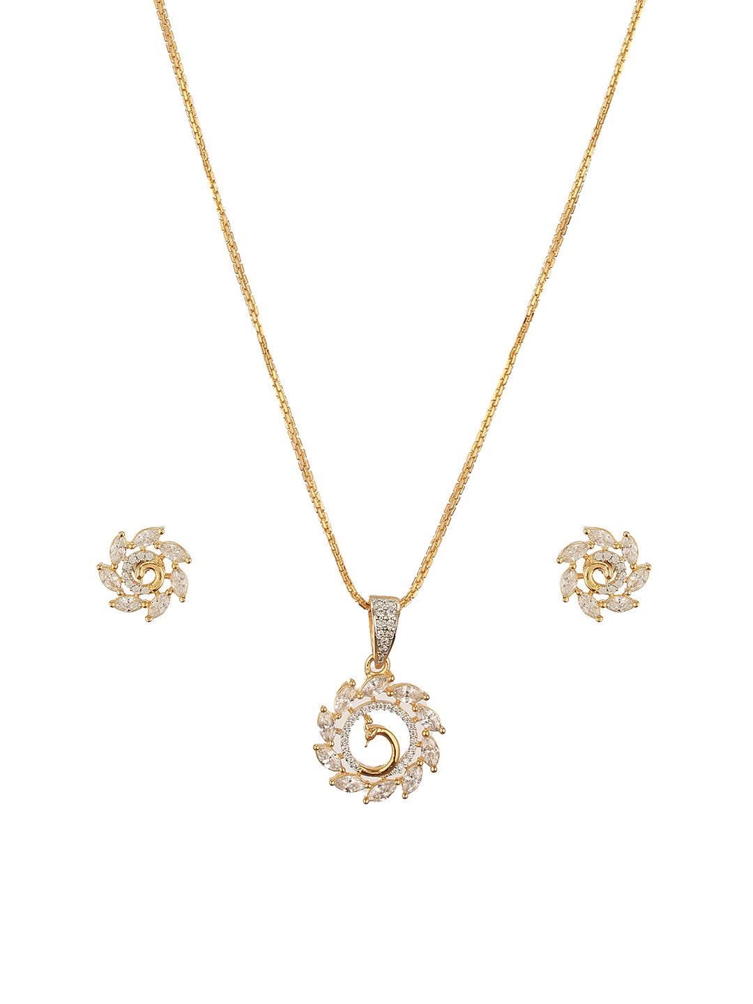 Gold Toned Cubic Zircon Studded Floral Peacock Design Minimal Locket Pendant jewellery Set