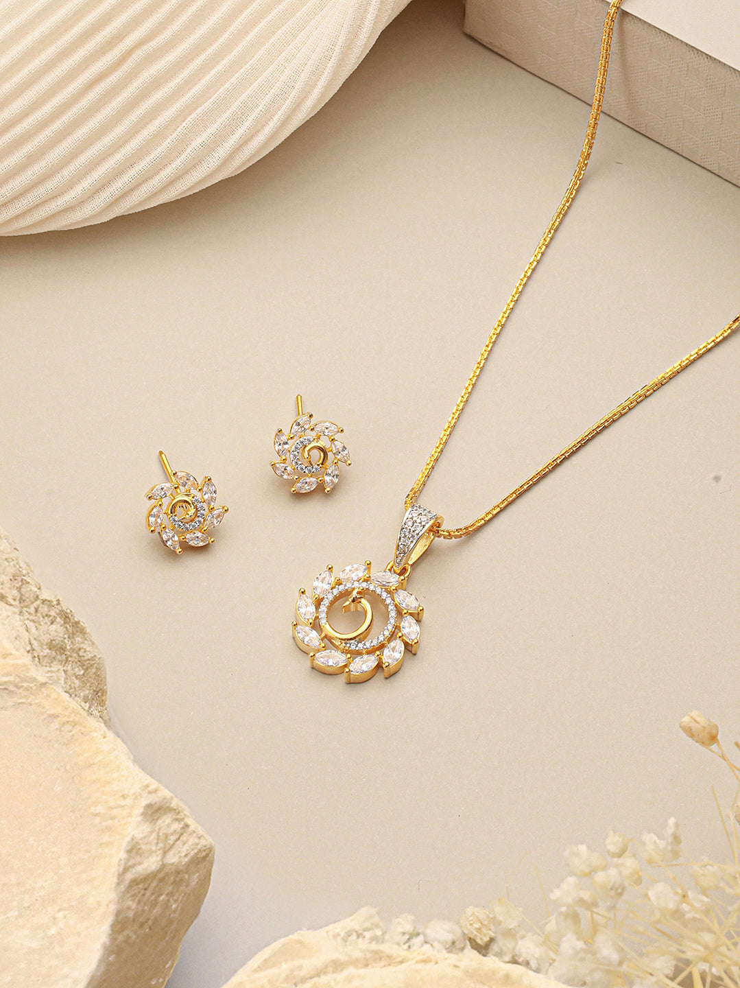 Gold Toned Cubic Zircon Studded Floral Peacock Design Minimal Locket Pendant jewellery Set