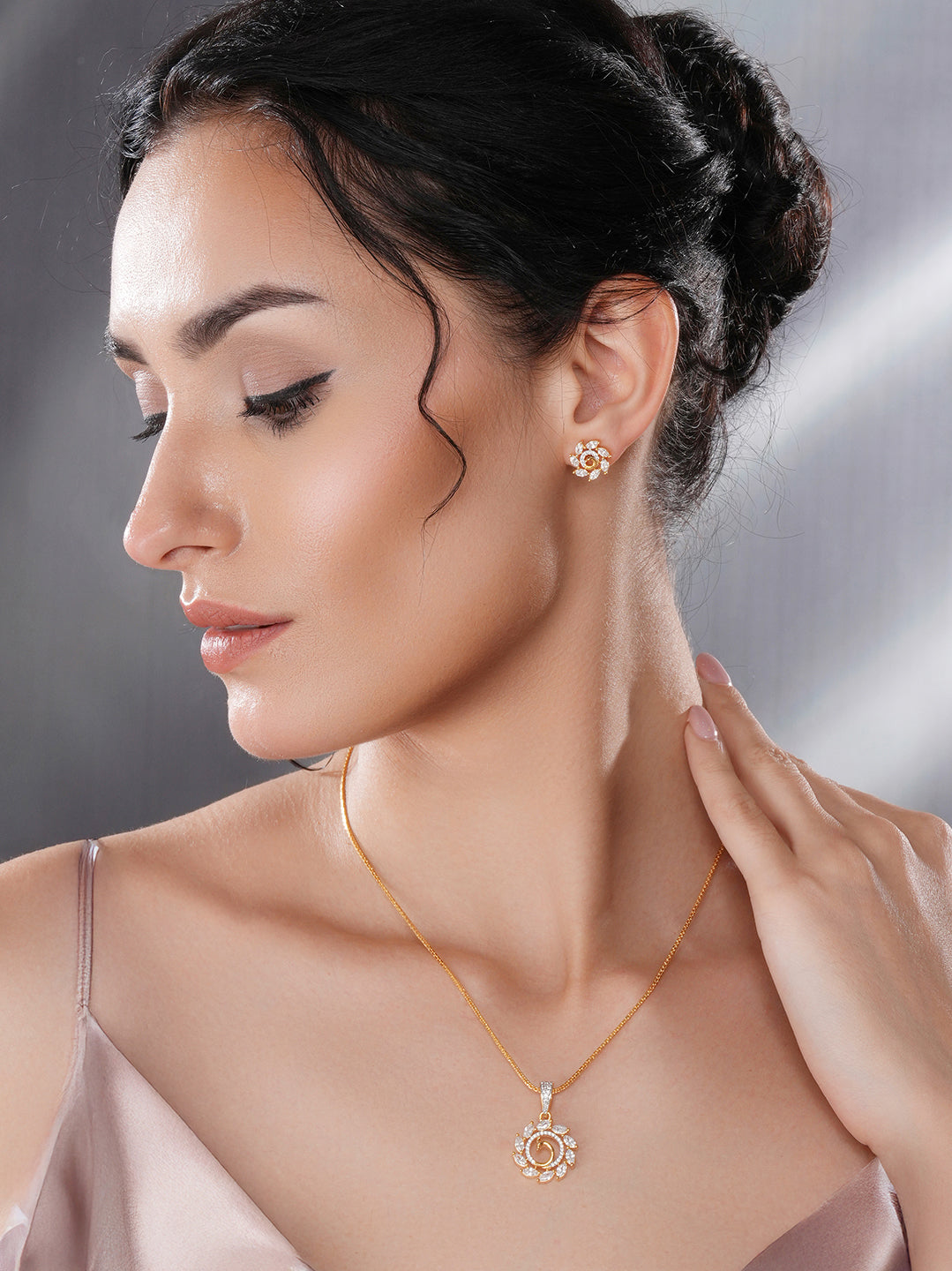 Gold Toned Cubic Zircon Studded Floral Peacock Design Minimal Locket Pendant jewellery Set