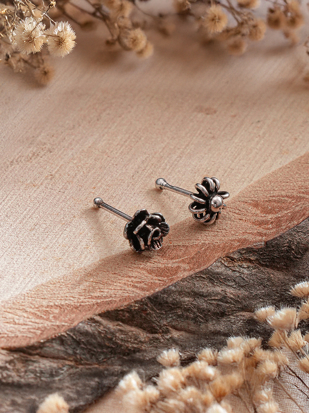 Combo of 2 Nose Pin 925 Sterling Silver Oxidised Rose & Flower Studds Nose Pin
