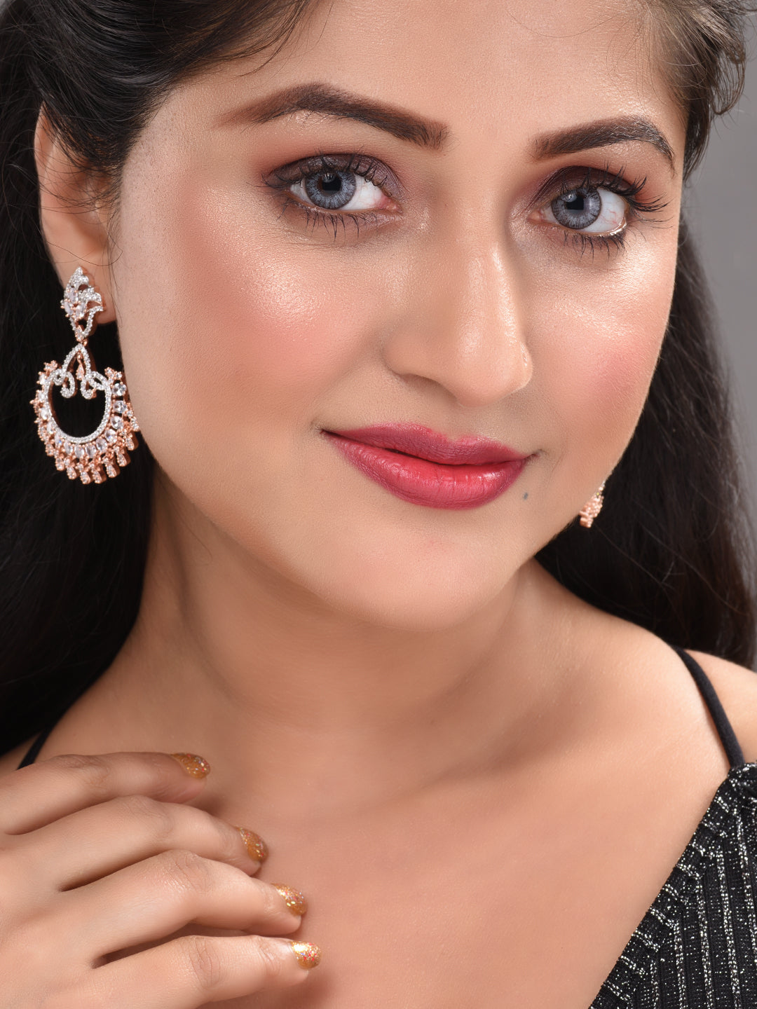 Rose Gold Plated White AD Studded Modern Chandbalis Earrings