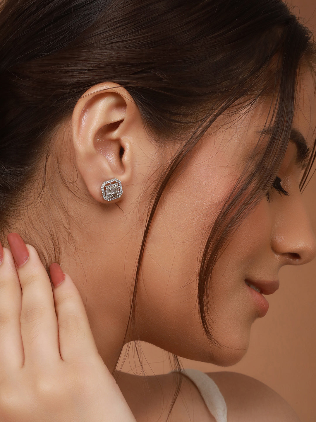 925 Sterling Silver Baguette Shaped Cubic Zirconia  in Rhodium Plated Studds Earrings