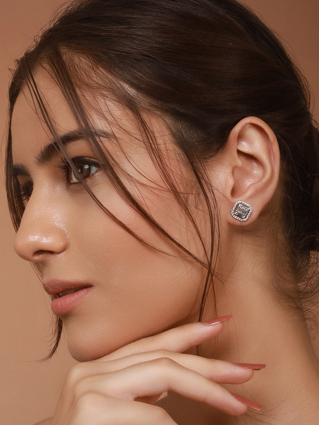 925 Sterling Silver Baguette Shaped Cubic Zirconia  in Rhodium Plated Studds Earrings