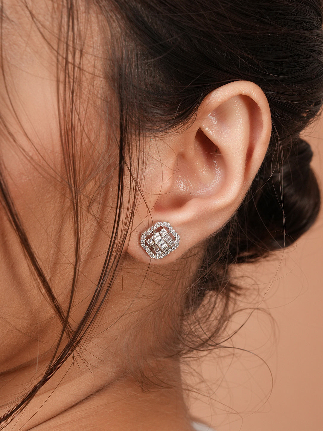 925 Sterling Silver Baguette Shaped Cubic Zirconia  in Rhodium Plated Studds Earrings