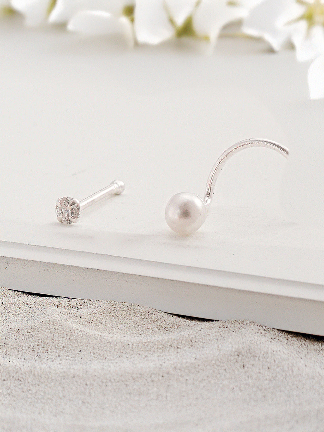 Combo of 2 Nose Pin 925 Sterling Silver AD & Pearl Studds Nose Pin
