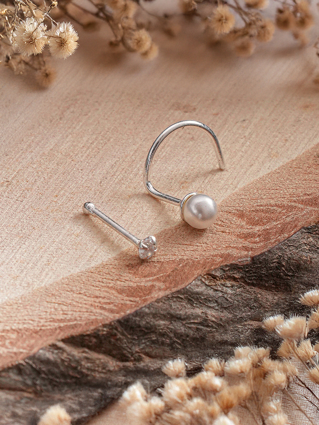 Combo of 2 Nose Pin 925 Sterling Silver AD & Pearl Studds Nose Pin