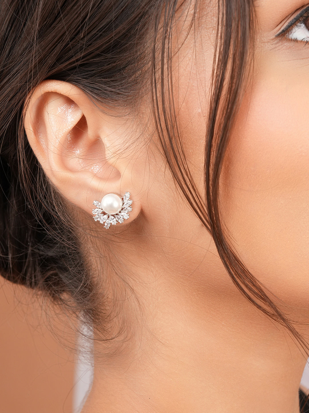 925 Sterling Silver Rhodium Plated Semi Flower Faux Pearl Studds Earrings